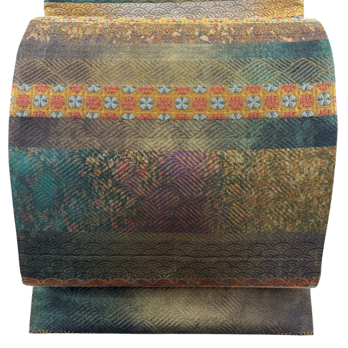 【美品】 袋帯 秀品 花 青海波 金糸 箔 茶緑色 お太鼓柄 正絹 【中古】