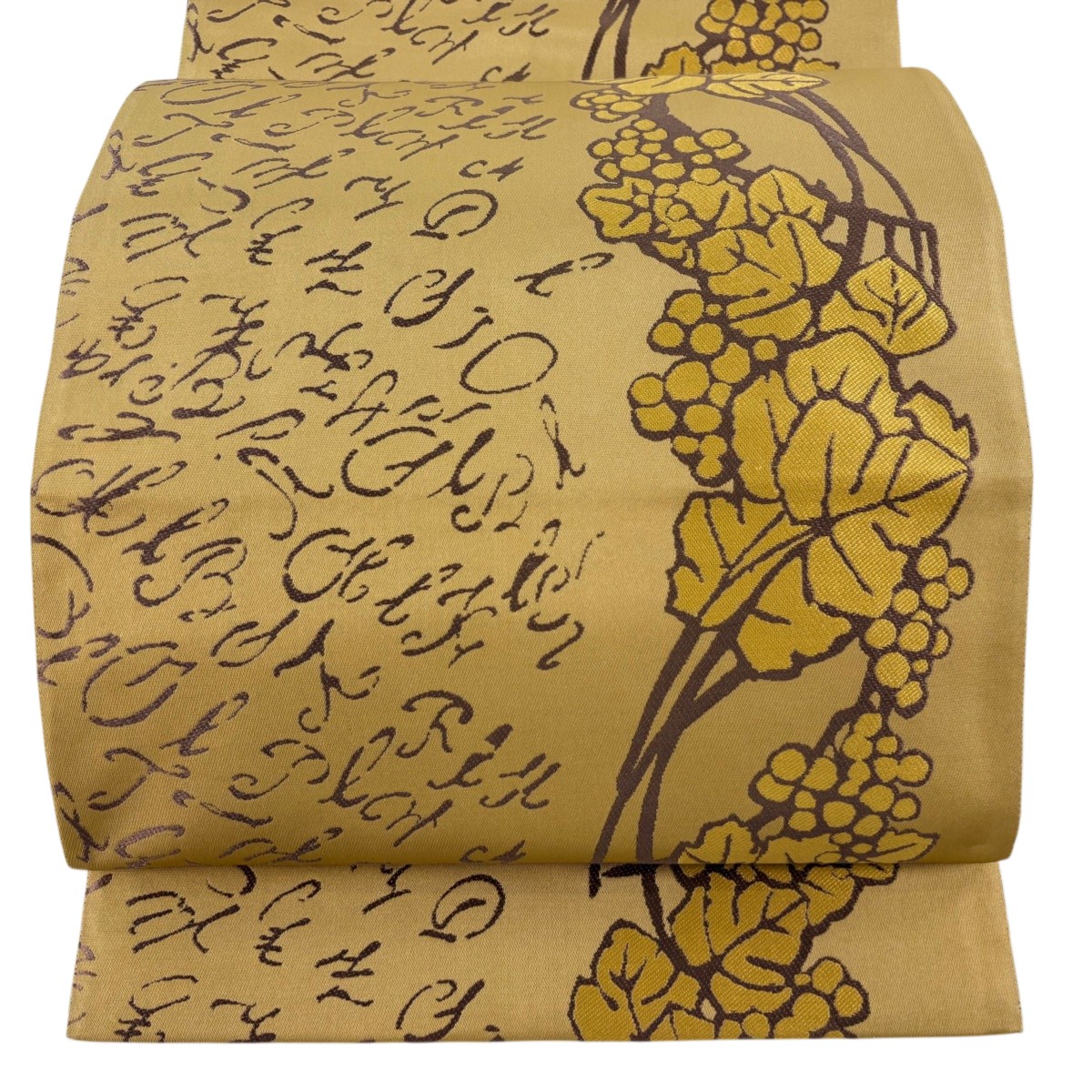 【美品】 袋帯 秀品 葡萄 幾何学 刺繍 山吹茶色 全通 正絹 【中古】