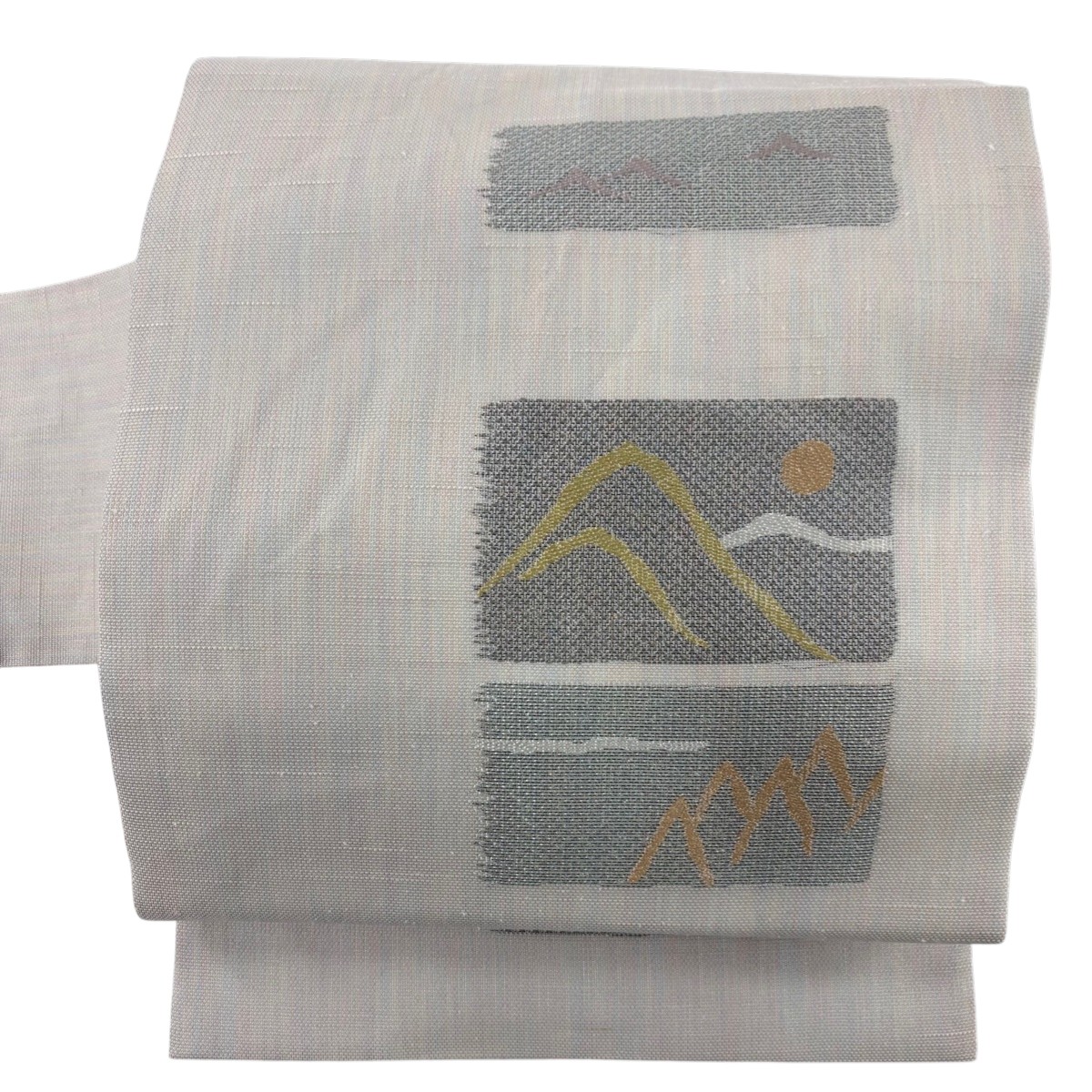 名古屋帯 秀品 夏帯 風景 山並み 銀糸 箔 灰白 正絹 【中古】