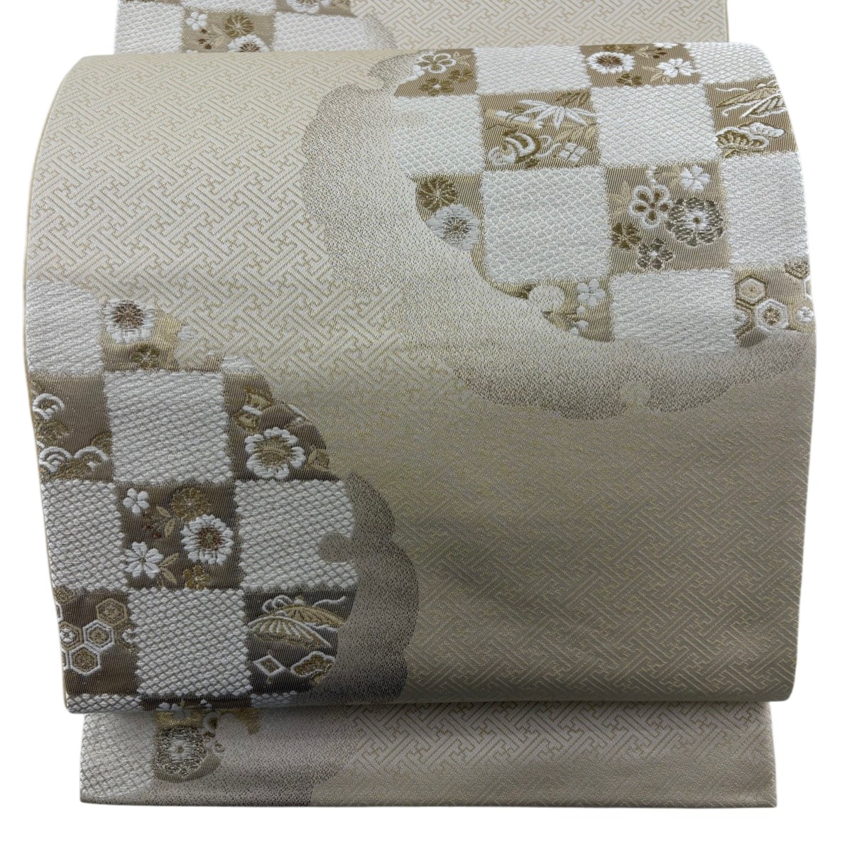 【美品】 袋帯 秀品 雪輪 市松 箔 金糸 灰白 六通 正絹 【中古】