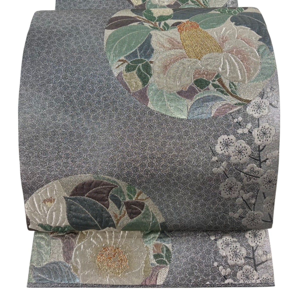 【美品】 袋帯 秀品 椿 梅 箔 金銀糸 灰色 六通 正絹 【中古】