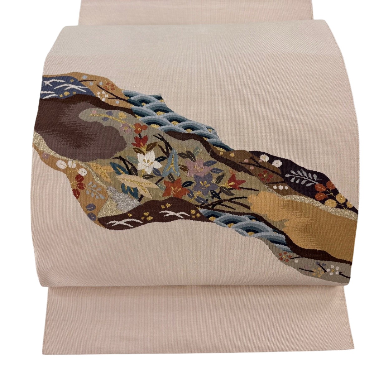 名古屋帯 秀品 松葉仕立て 八寸名古屋帯 草花 青海波 金銀糸 ベージュ 正絹 【中古】