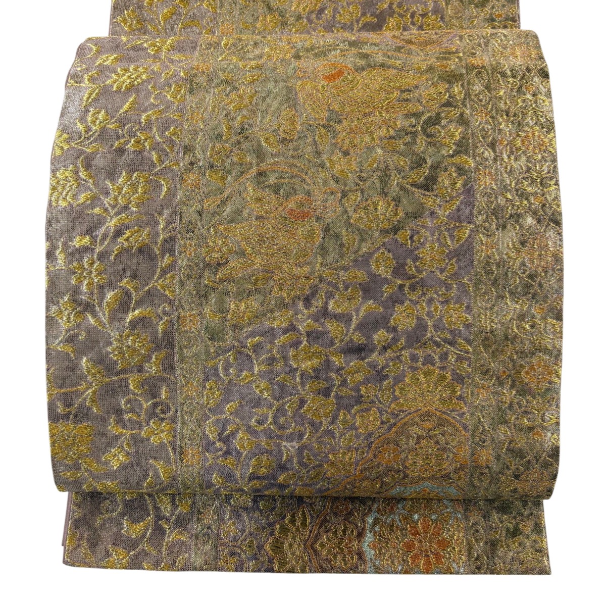 【美品】 袋帯 秀品 華文 花鳥 金銀糸 箔 金色 六通 正絹 【中古】