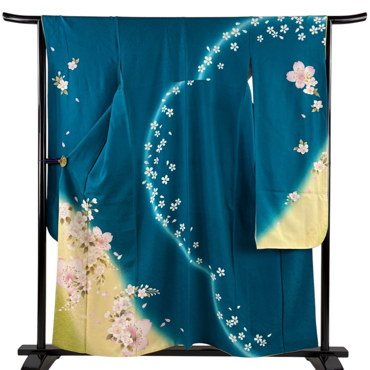 振袖 身丈157.5cm 裄丈64.5cm M 袷 桜 桜の花びら 金彩 染め分け 青緑 正絹 名品 【中古】