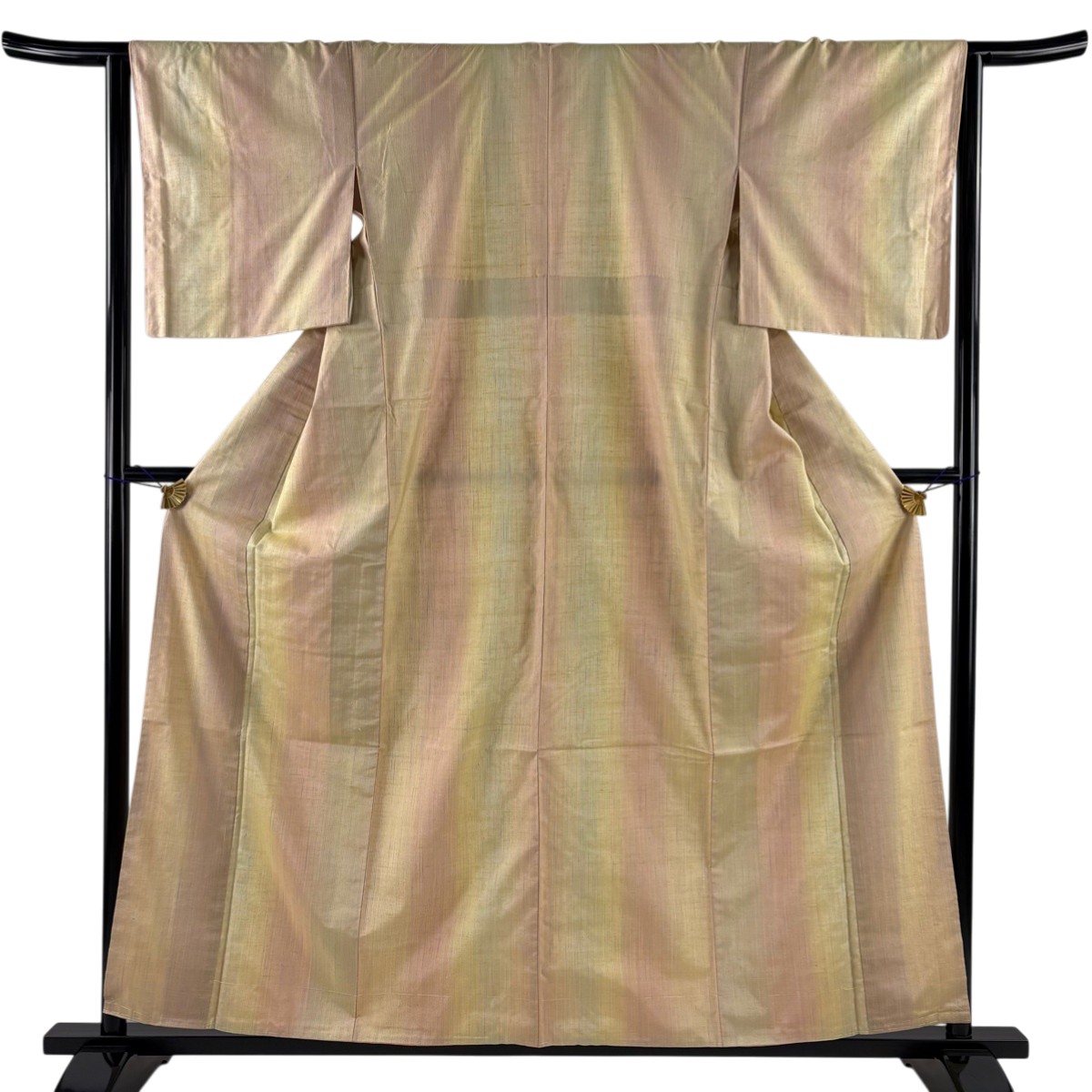 紬 身丈159cm 裄丈64cm M 袷 縦縞 薄黄 正絹 名品 【中古】