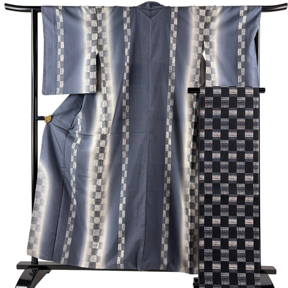 【美品】 付下げ 身丈160cm 裄丈65cm M 袷 袋帯セット 紬地 市松 縞 ぼかし 青灰色 正絹 秀品 【中古】 14,768円