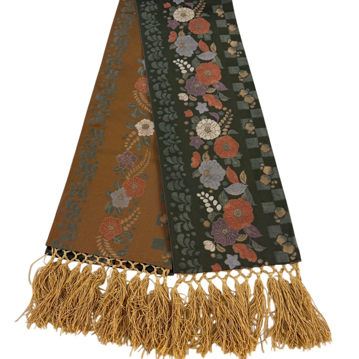 【美品】半幅帯 秀品 草花 市松模様 鶯色 正絹 【中古】