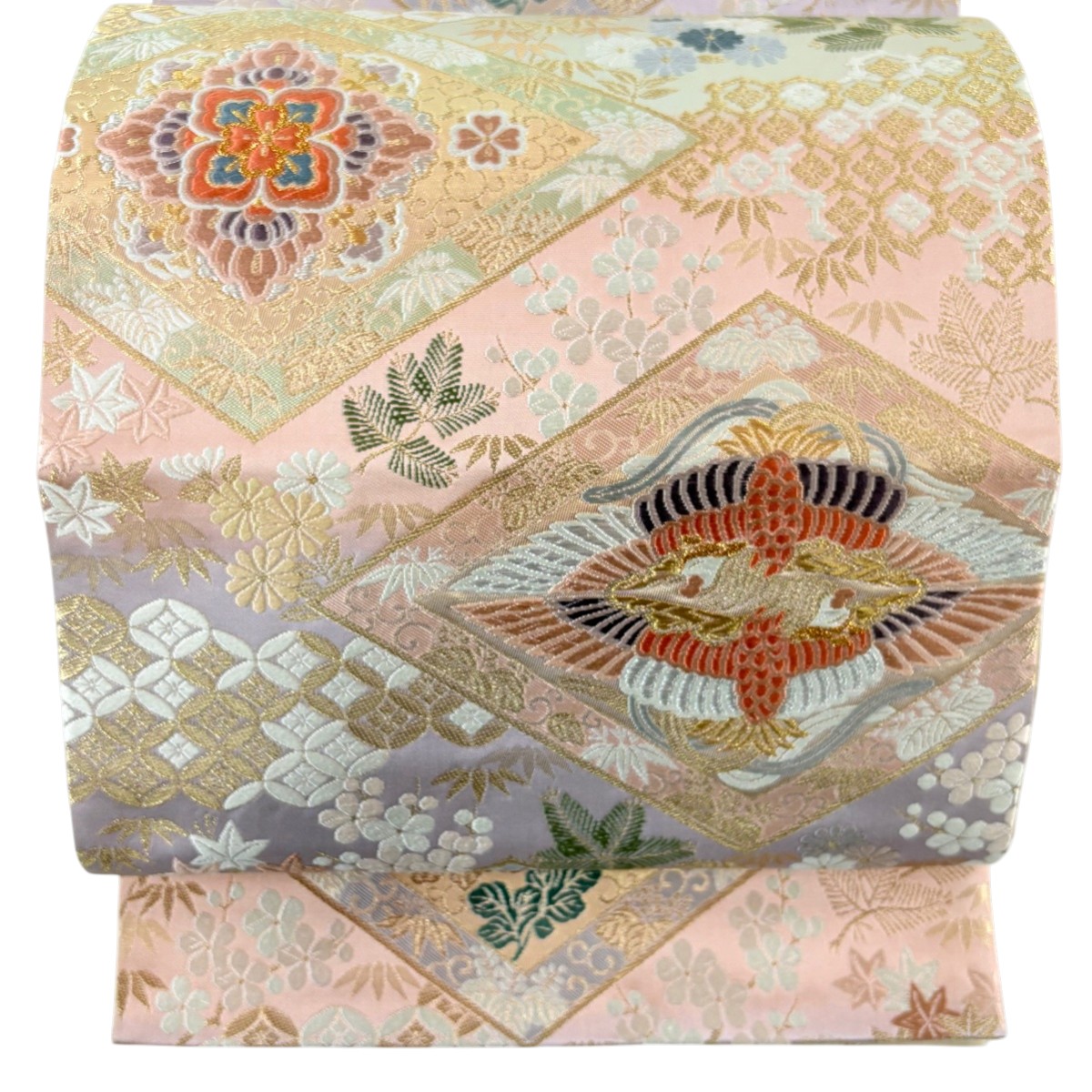 袋帯 名品 鳥菱文 松竹梅 金銀糸 箔 ピンク 六通 正絹 【中古】