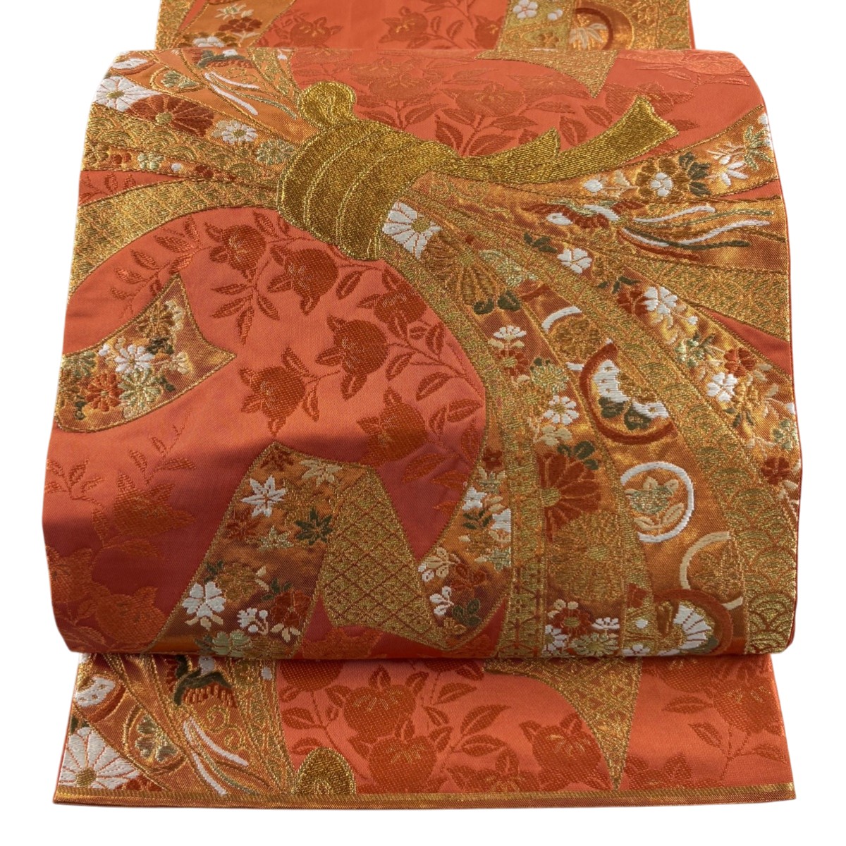袋帯 名品 河合美術織物 落款あり 関西仕立て 束ね熨斗 草花 金糸 オレンジ 六通 正絹 【中古】