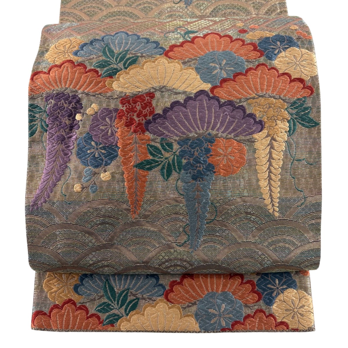 袋帯 名品 花井幸子 落款あり 松 青海波 唐織 刺繍 茶色 六通 正絹 【中古】