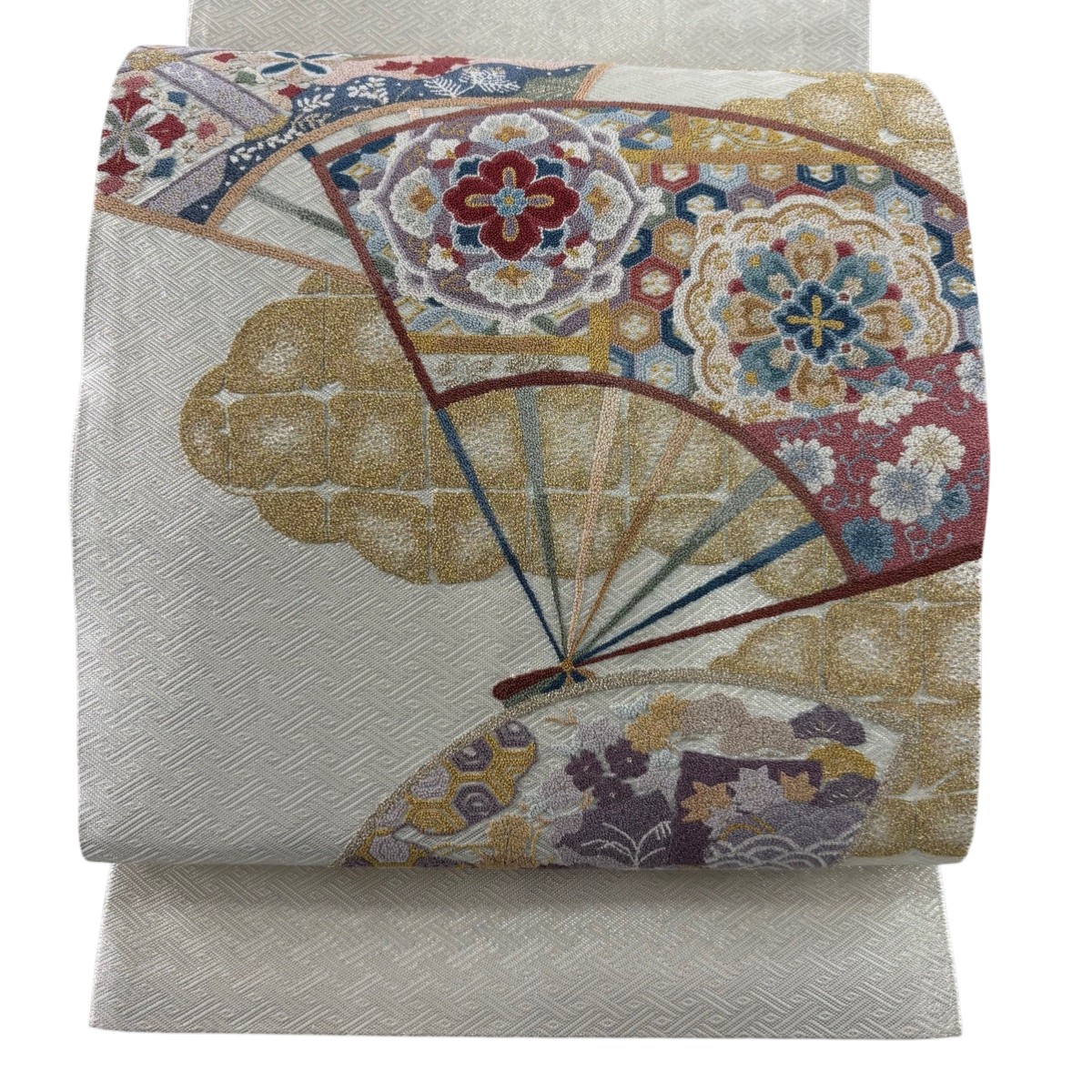 袋帯 名品 佐賀錦 扇 華文 相良刺繍 金糸 白 お太鼓柄 正絹 【中古】