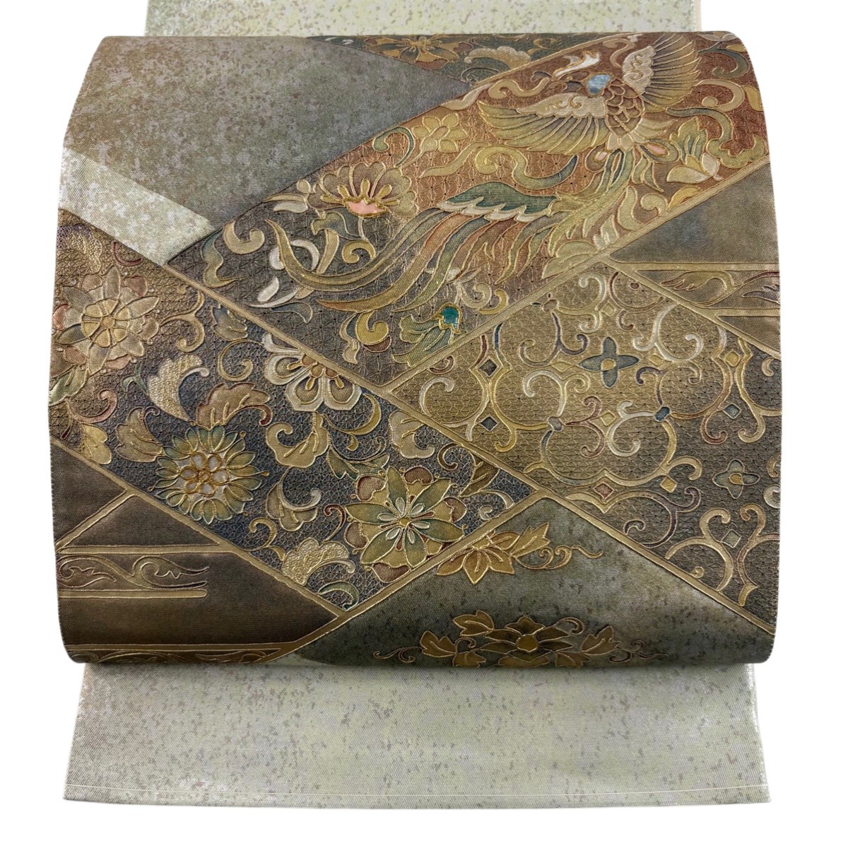 袋帯 名品 鳳凰 花唐草 螺鈿 金銀彩 灰緑 お太鼓柄 正絹 【中古】