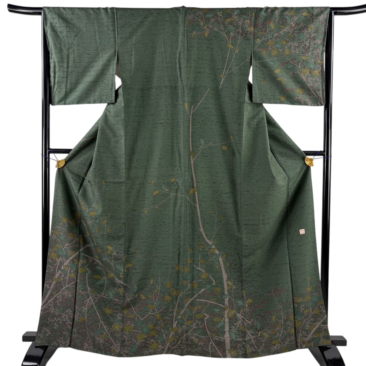 【美品】 訪問着 身丈166cm 裄丈66cm M 袷 牛首紬地 落款あり 萩 楓 深緑 正絹 逸品 【中古】
