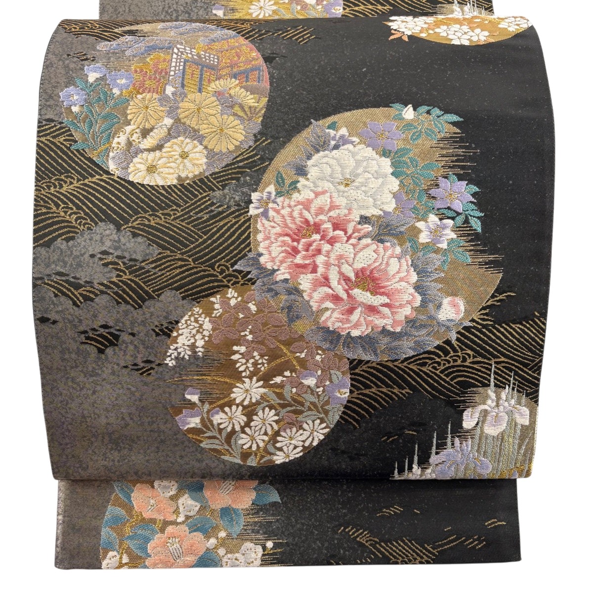 【美品】 袋帯 珠玉 じゅらく 名書きあり 顕花植物 波 刺しゅう 箔 深緑 六通 正絹 【中古】