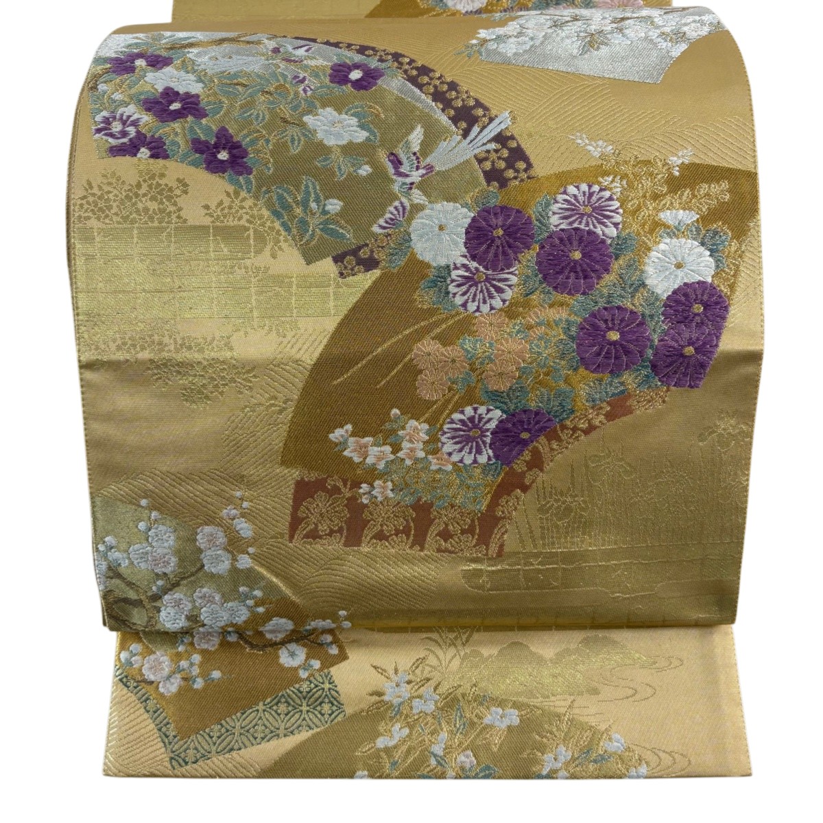 【美品】 袋帯 珠玉 じゅらく 名書きあり 天津御姉紫 花鳥 扇子 刺しゅう 箔 金色 お太鼓柄 正絹 【中古】