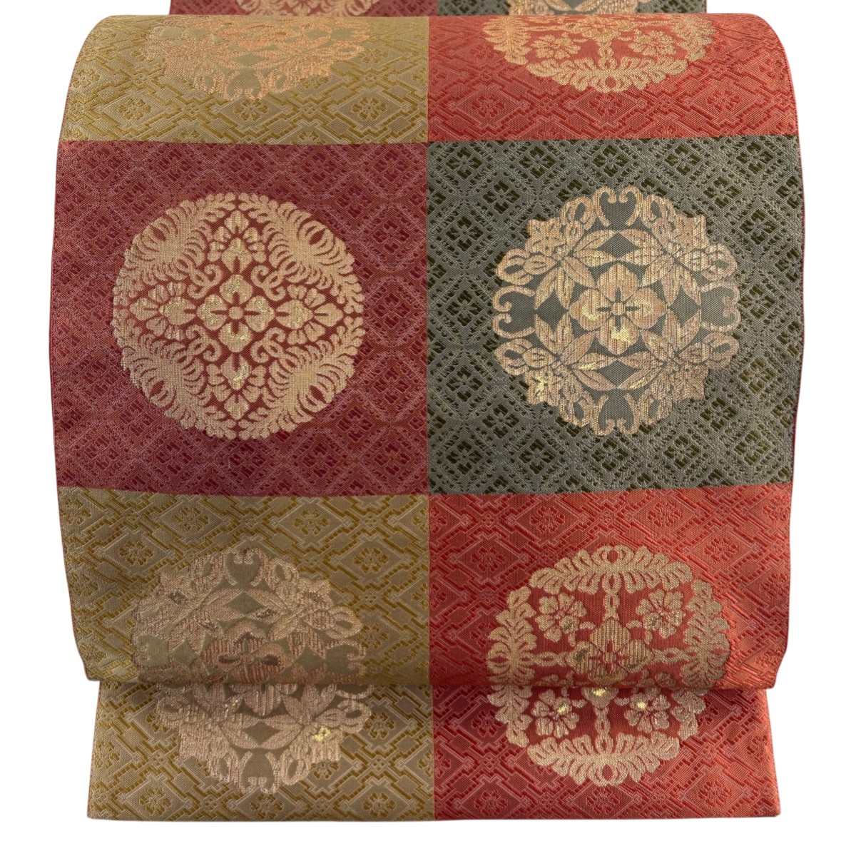【美品】 袋帯 逸品 証紙あり 博多織 華文 刺繍 箔 赤茶 六通 正絹 【中古】 msp29