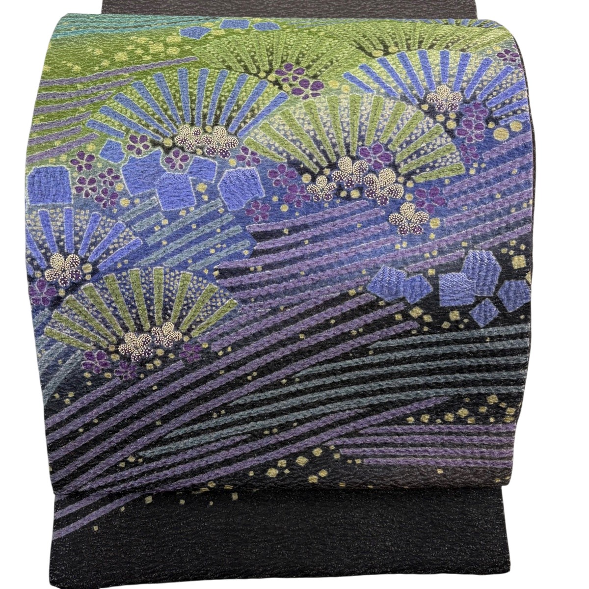 【美品】 袋帯 逸品 滝泰 落款あり 若松 花 銀通し 金糸 濃紫 お太鼓柄 正絹 【中古】