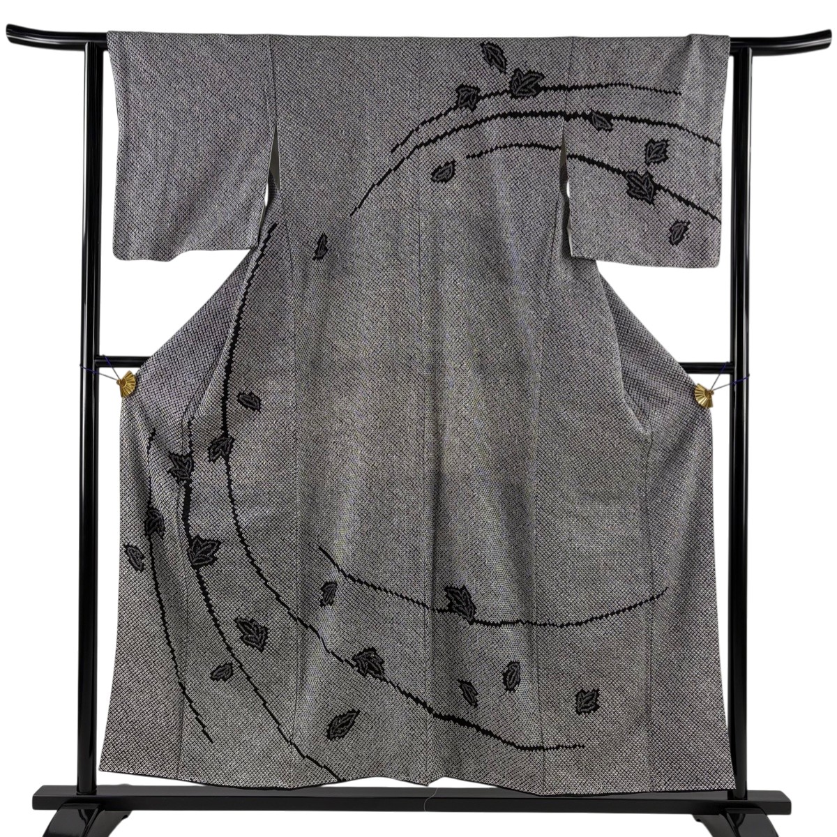 【美品】 訪問着 身丈155cm 裄丈62cm S 袷 葉柄 総絞り 黒 正絹 名品 【中古】