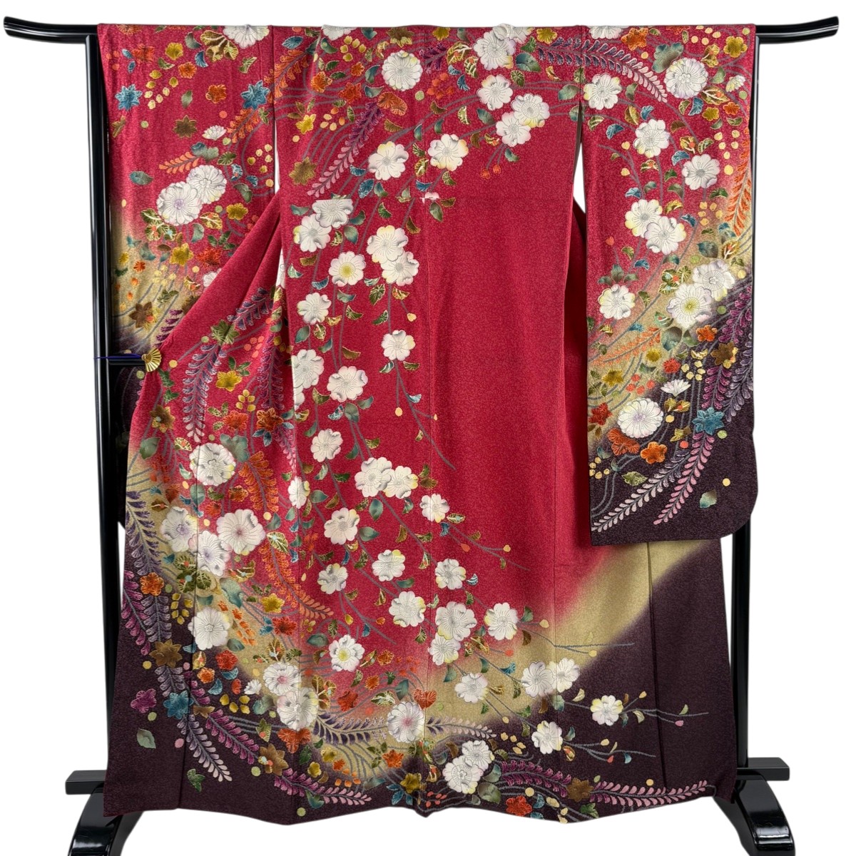 【美品】 振袖 身丈164.5cm 裄丈66cm M 袷 辻が花柄 染め分け 濃ピンク 正絹 名品 【中古】