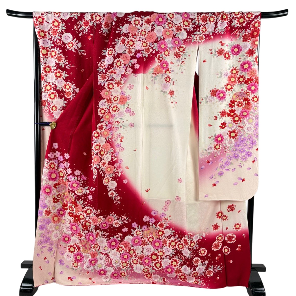 振袖 身丈169.5cm 裄丈69.5cm L 袷 手鞠 桜 銀通し 箔 赤 正絹 名品 【中古】