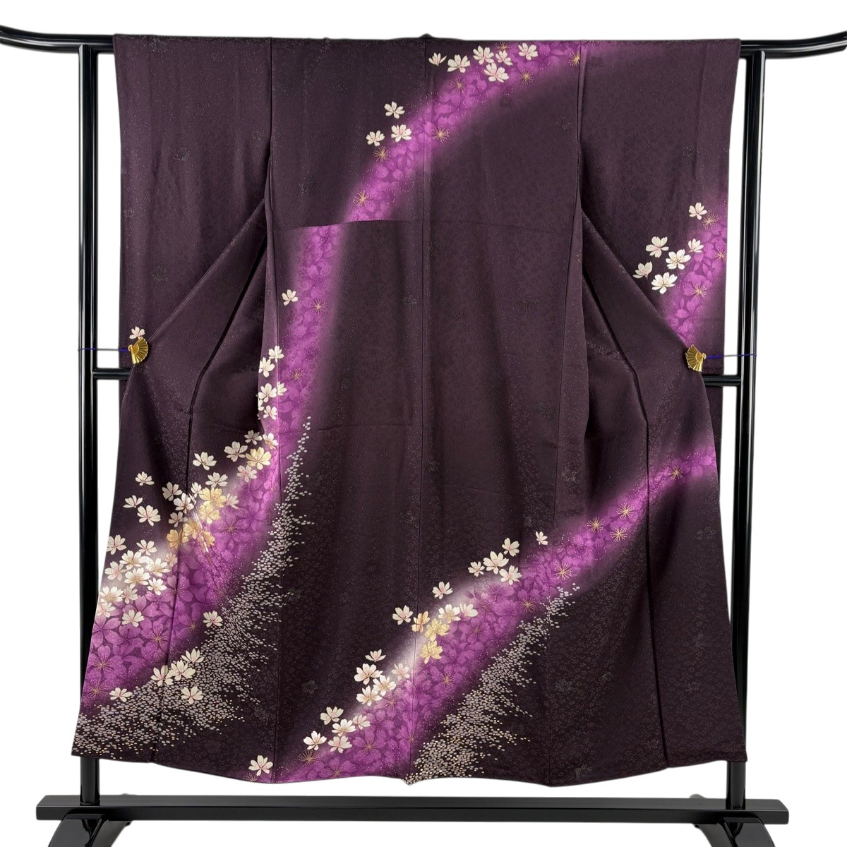 振袖 身丈150.5cm 裄丈61cm S 袷 鈴乃屋 桜 幾何学 銀通し 金彩 濃紫 正絹 名品 【中古】