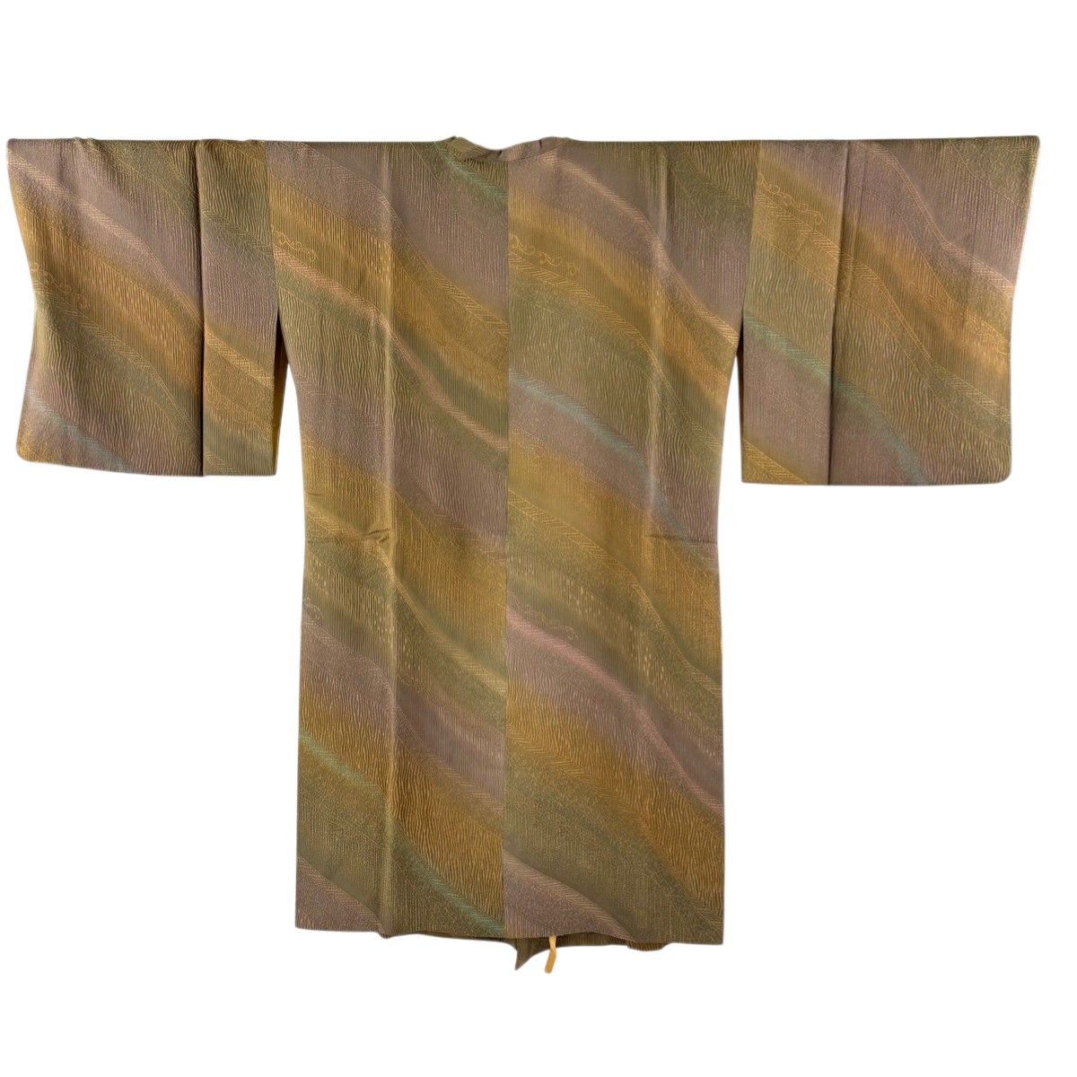 【美品】 道行 身丈104cm 裄丈69cm L 和想コート 角衿 斜縞 唐草 ぼかし 茶色 正絹 名品 【中古】