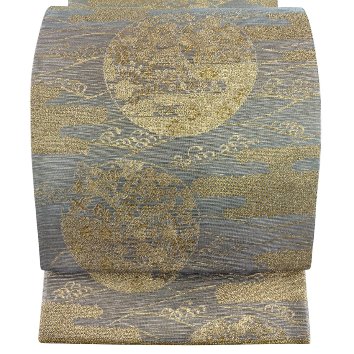 【美品】 袋帯 秀品 草花 ヱ霞 箔 金銀糸 青灰色 六通 正絹 【中古】