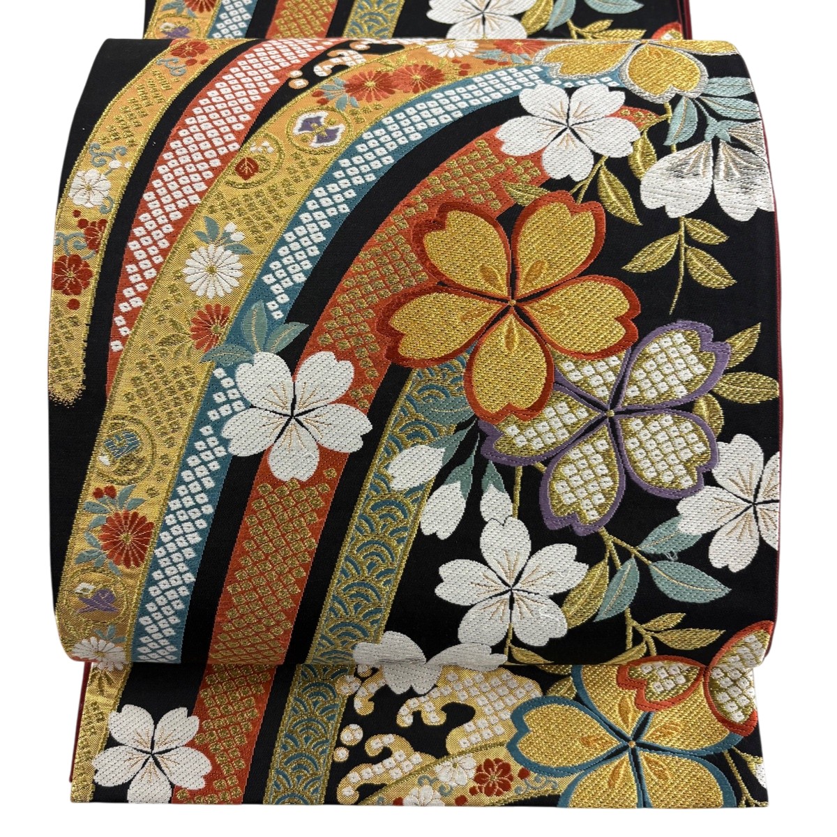 袋帯 秀品 桜 蔓帯 金銀糸 箔 黒 六通 正絹 【中古】