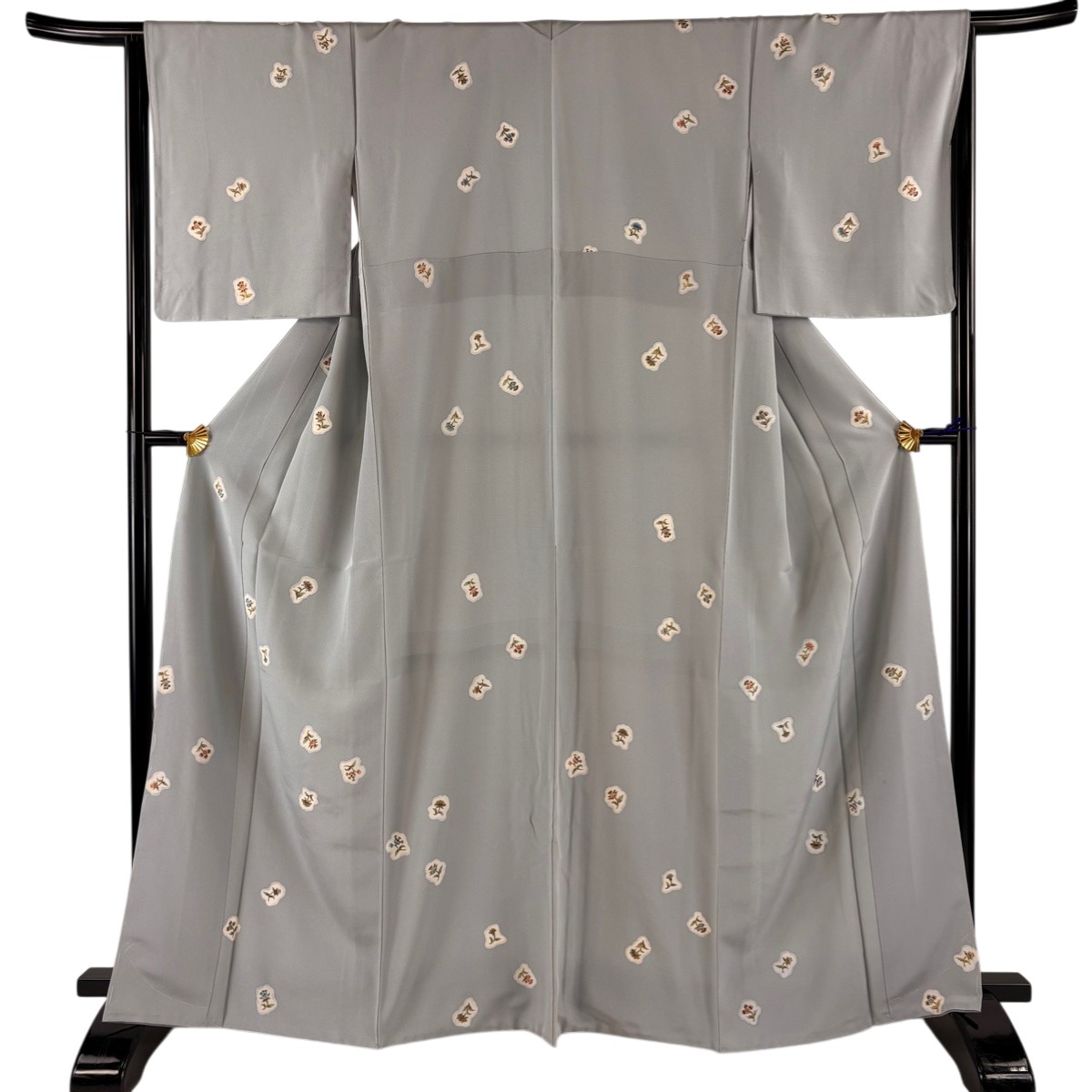 小紋 身丈164.5cm 裄丈66cm M 袷 草花 金彩 青灰色 正絹 秀品 【中古】