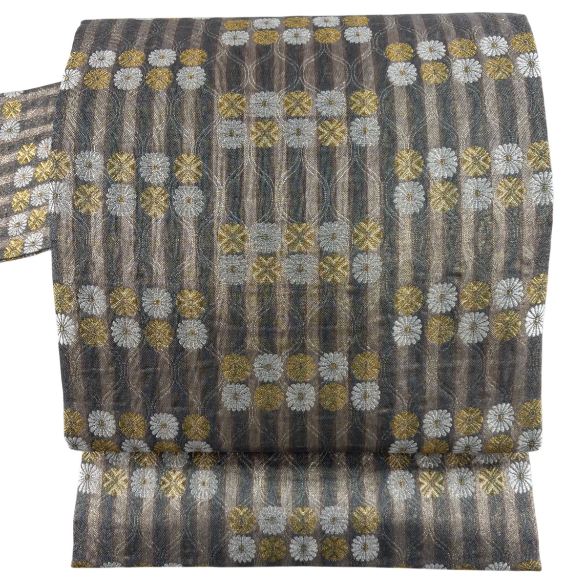 【美品】 名古屋帯 秀品 菊 縞 箔 金銀糸 灰茶 正絹 【中古】