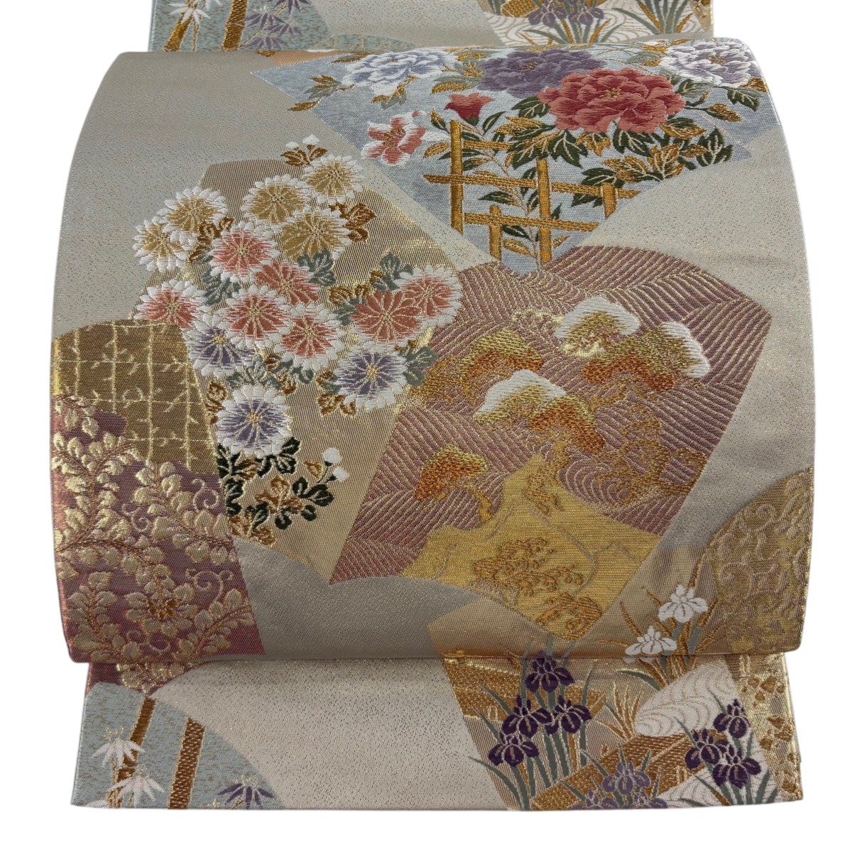 【美品】 袋帯 秀品 冊子 草花 金糸 箔 灰茶 六通 正絹 【中古】