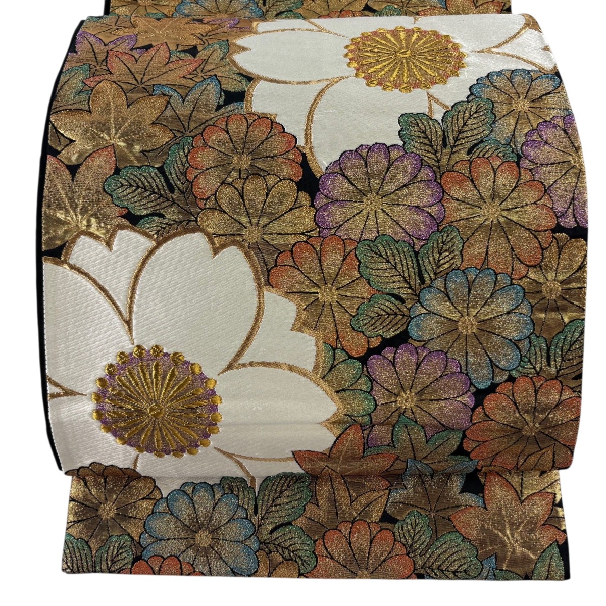 袋帯 秀品 桜 菊 金糸 箔 黒 六通 正絹 【中古】