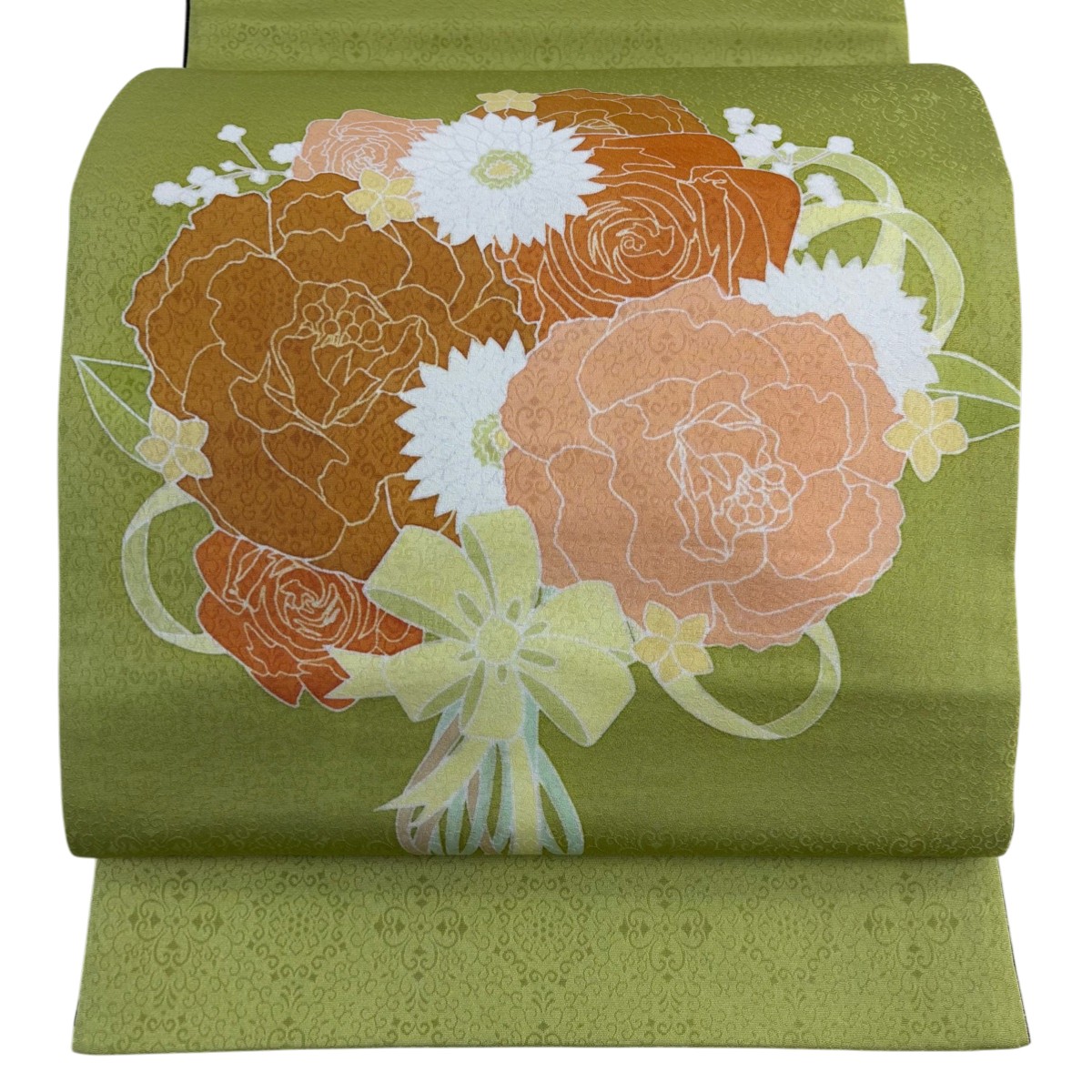 【美品】 袋帯 秀品 花束 薔薇 抹茶色 お太鼓柄 正絹 【中古】