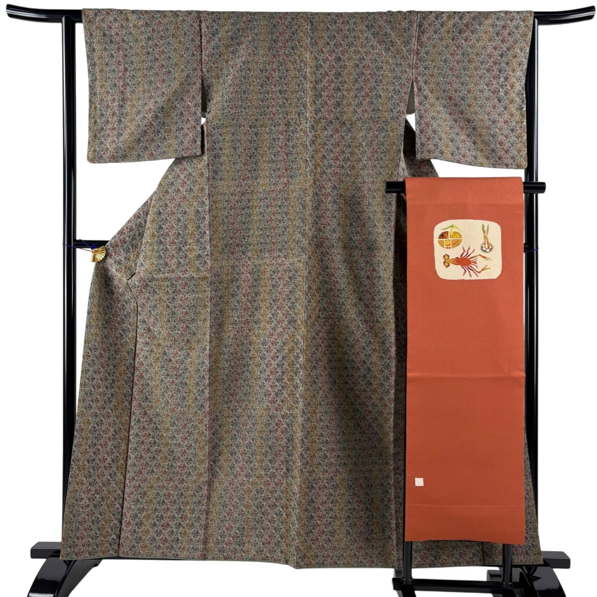 【美品】 小紋 身丈160.5cm 裄丈64cm M 袷 紬地 名古屋帯セット 幾何学模様 絞り 灰緑 正絹 秀品 【中古】
