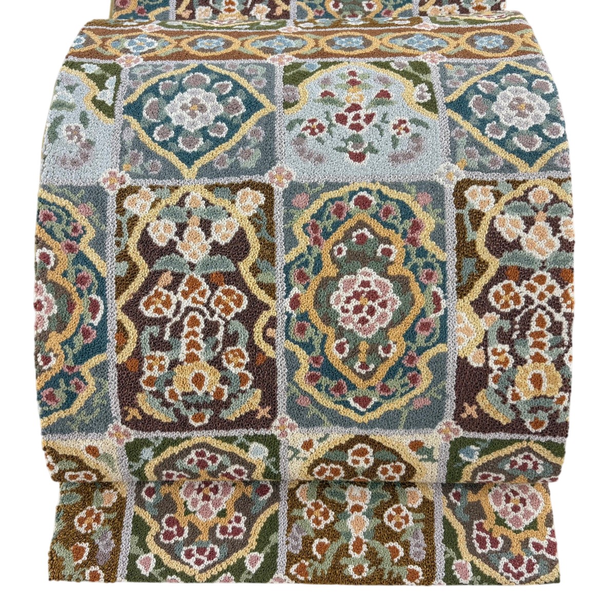 【美品】 袋帯 逸品 華文 草花 相良刺繍 茶色 六通 正絹 【中古】 msp29