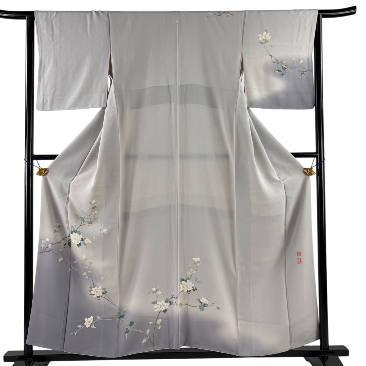 訪問着 身丈156.5cm 裄丈65cm M 袷 百貫達雄 落款あり 枝花 ぼかし 灰紫 正絹 名品 一つ紋 【中古】
