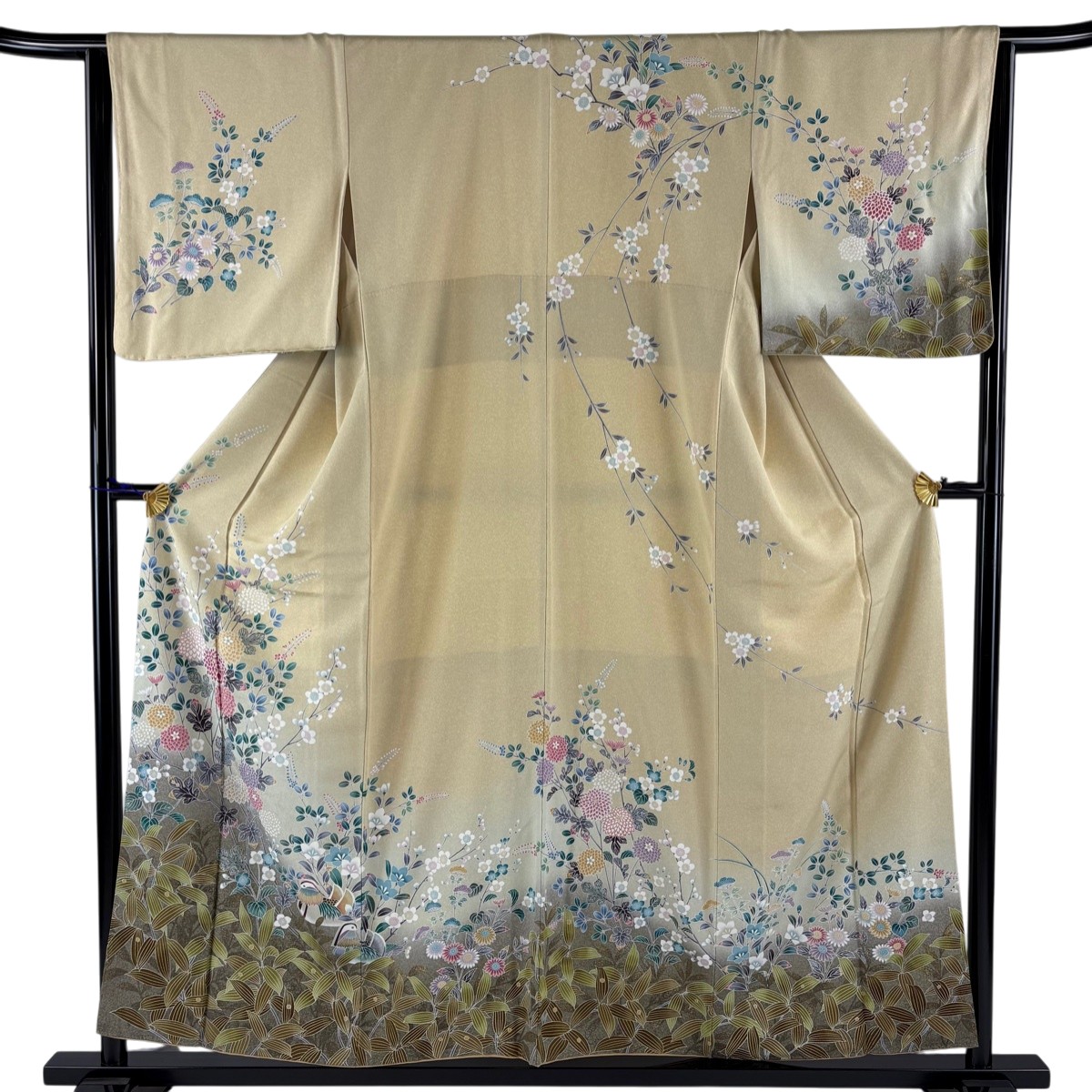 訪問着 身丈156cm 裄丈65cm M 袷 菊 枝梅 金銀彩 ぼかし ベージュ 正絹 名品 【中古】