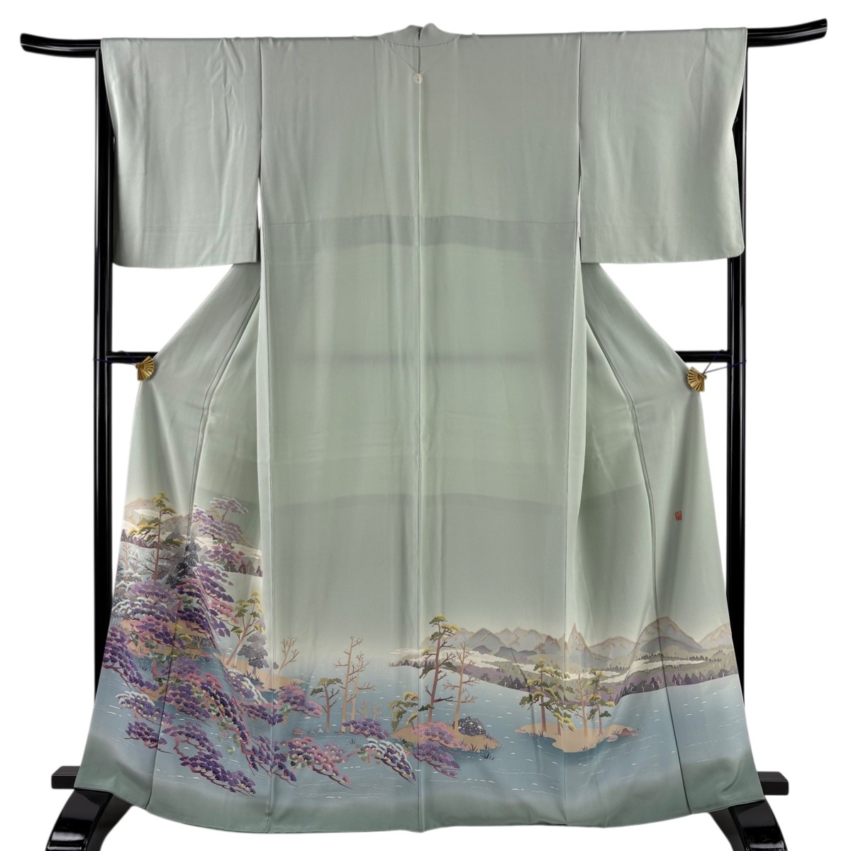 色留袖 身丈166cm 裄丈68cm L 袷 落款あり 松 波 ぼかし 薄緑 正絹 名品 一つ紋 【中古】