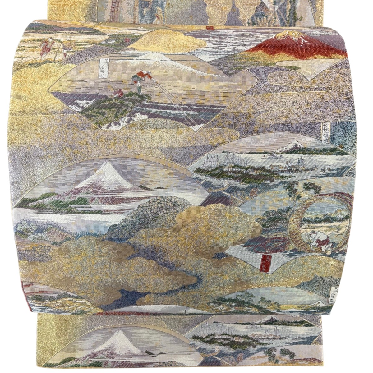 袋帯 名品 冨嶽三十六景 扇面 箔 金糸 金色 お太鼓柄 正絹 【中古】