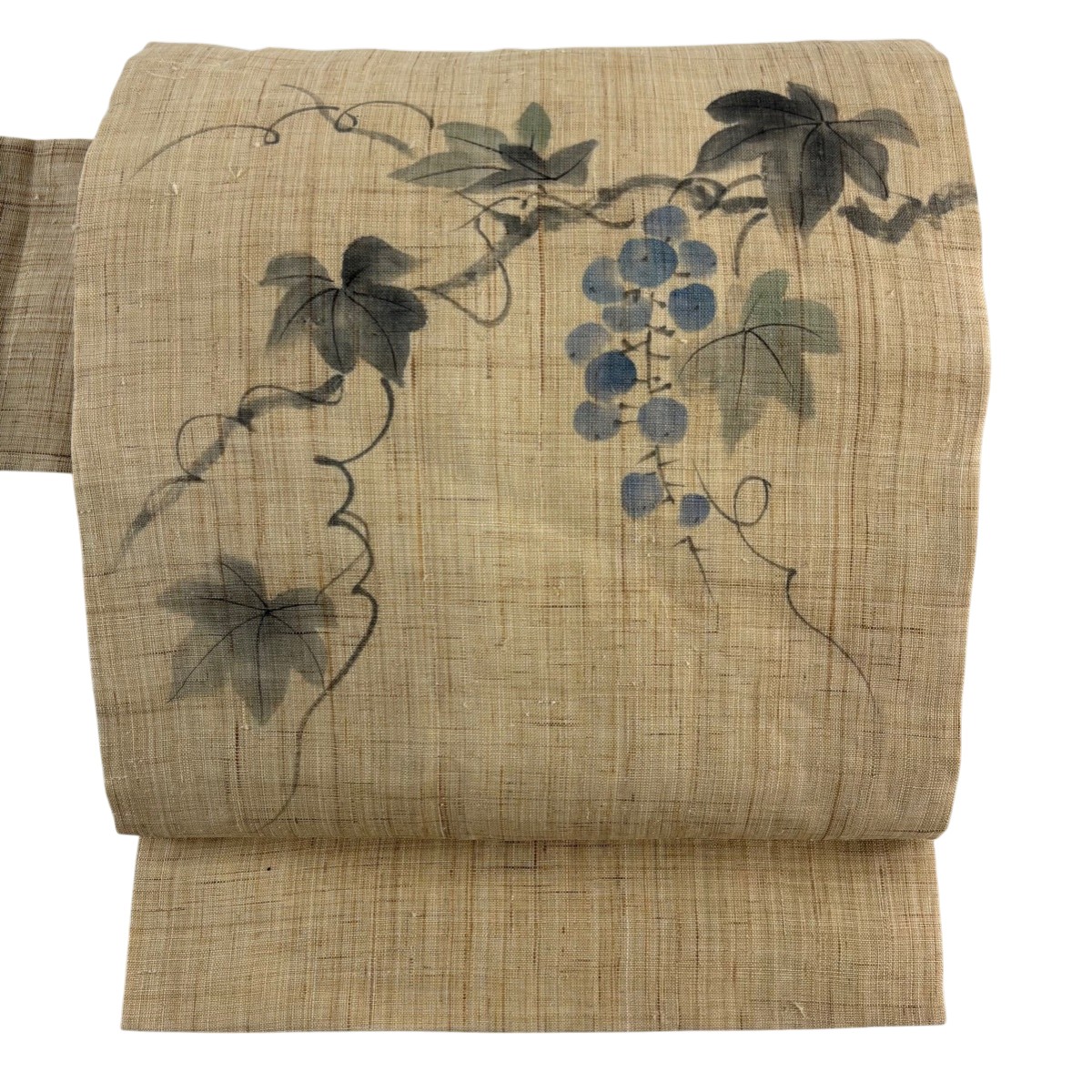 名古屋帯 名品 落款あり 夏紬地 葡萄 薄茶色 正絹 【中古】