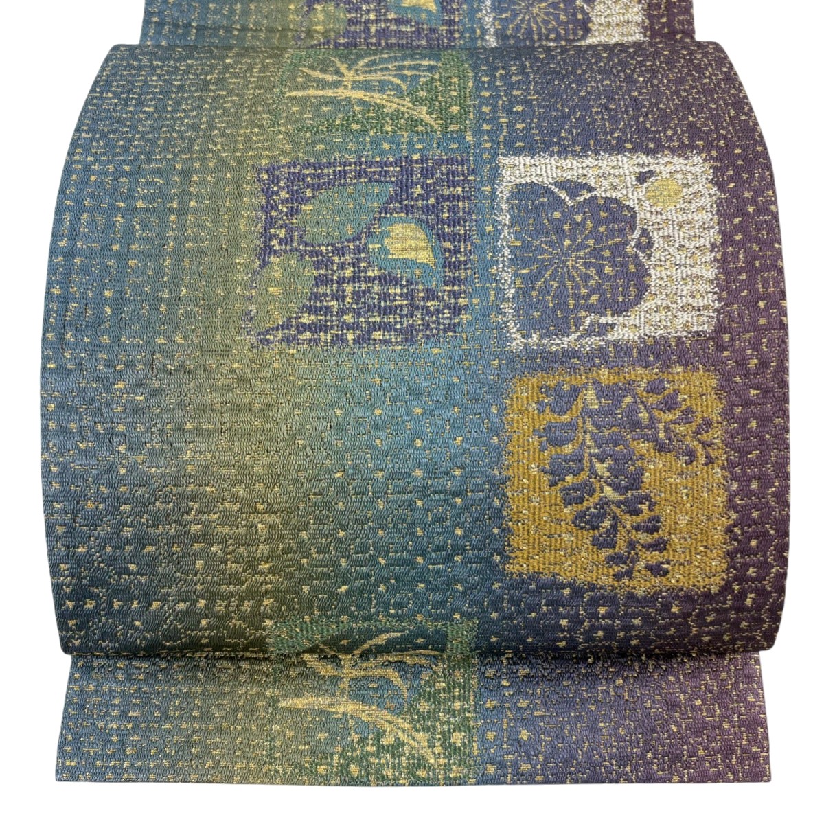 【美品】 袋帯 名品 本泥染袋帯 梅 藤 金糸 箔 青緑 六通 正絹 【中古】
