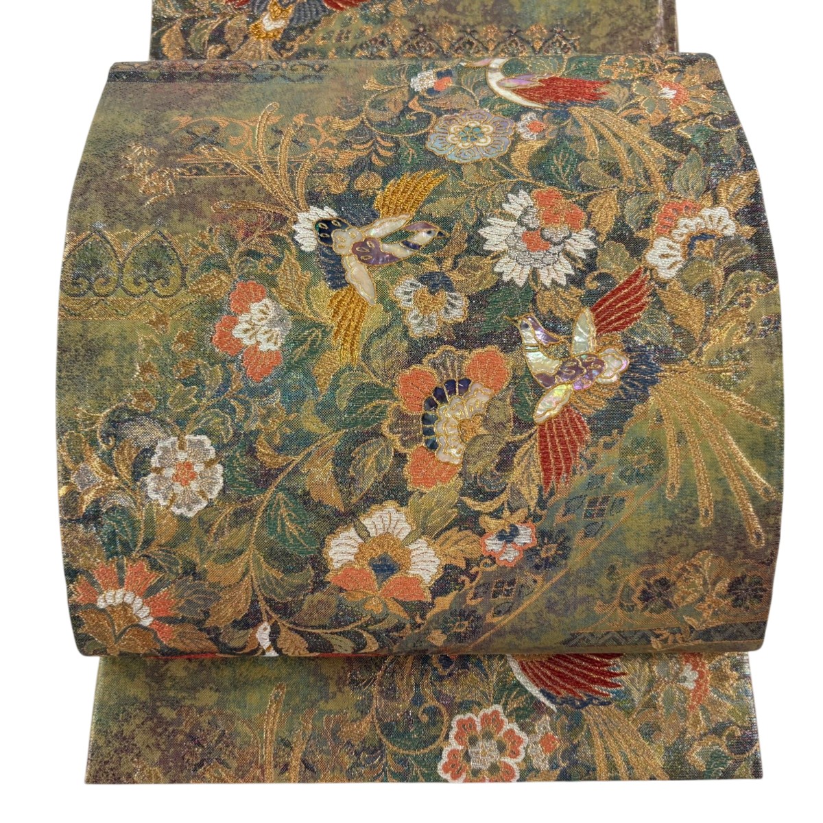 【美品】 袋帯 名品 尾長鳥 草花 プラチナ箔 螺鈿 灰緑 お太鼓柄 正絹 【中古】