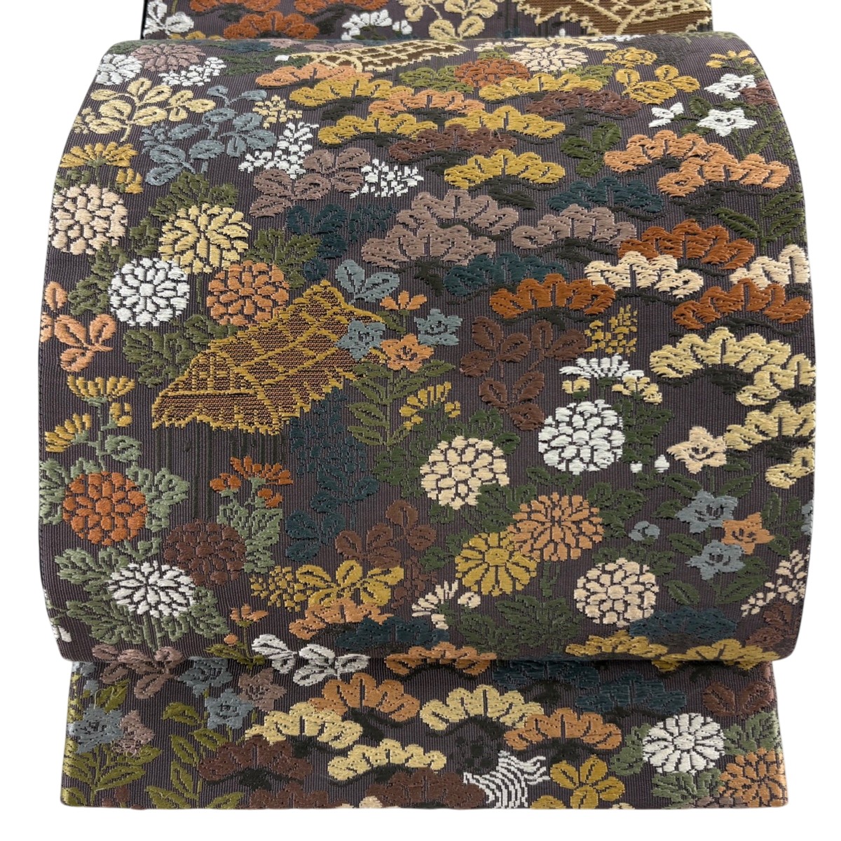 袋帯 名品 小花松文 屋根 刺繍 灰紫 六通 正絹 【中古】