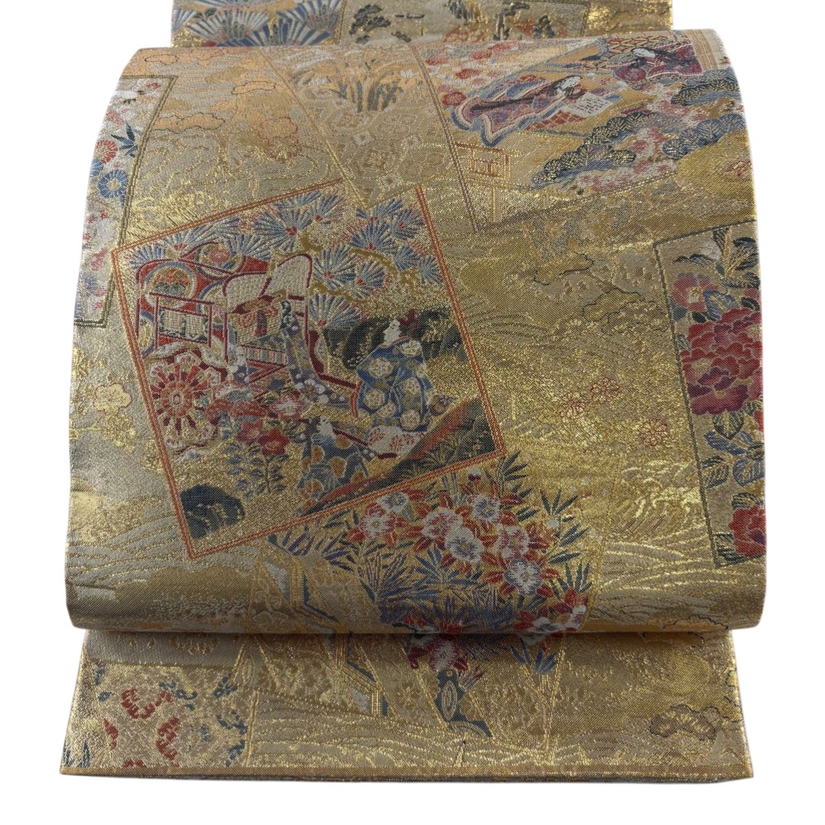 【美品】 丸帯 名品 色紙 人物 金糸 箔 金色 お太鼓柄 正絹 【中古】 msp30 9,220円