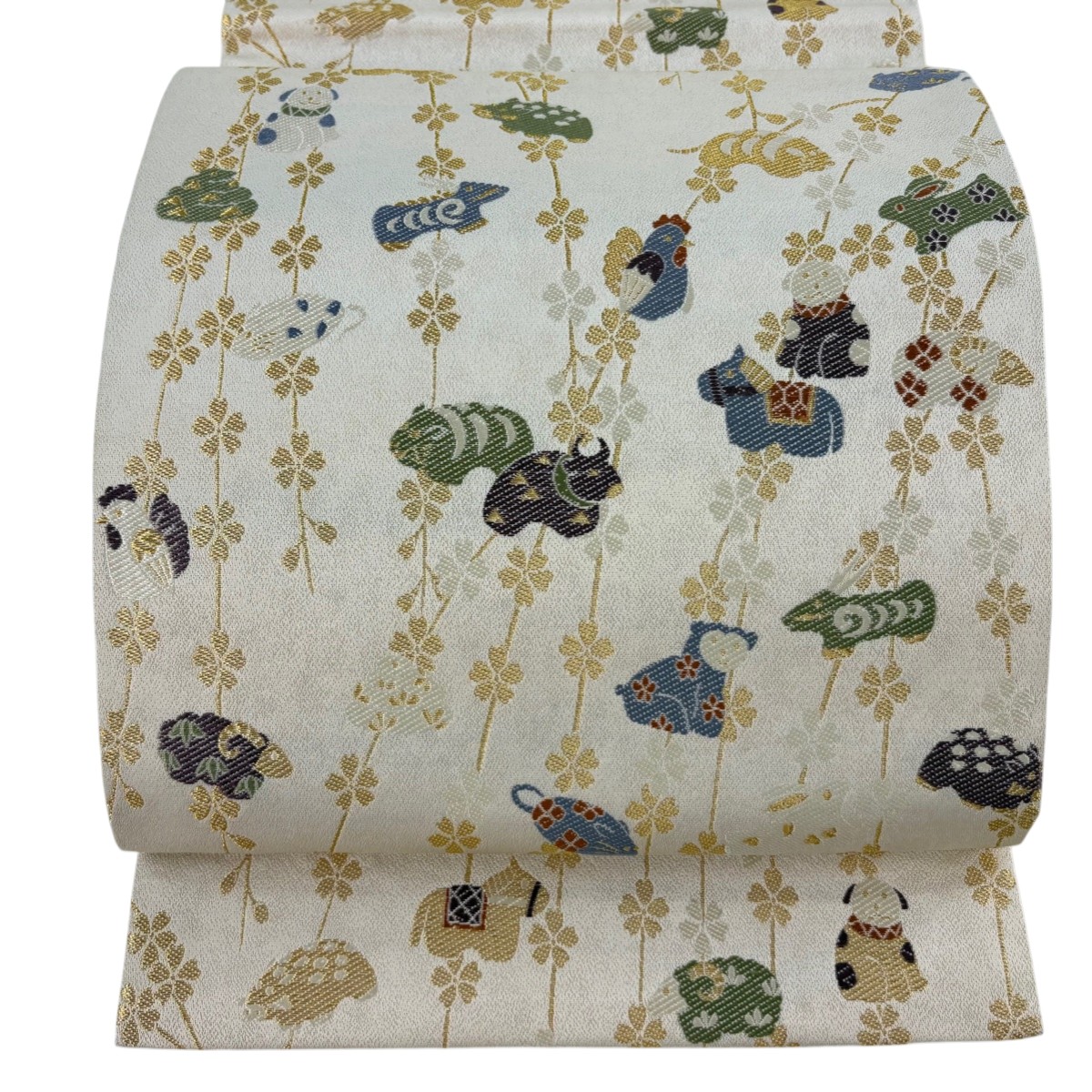 【美品】 袋帯 逸品 幸せ招く十二支 枝垂れ桜 刺繍 金糸 クリーム 六通 正絹 【中古】