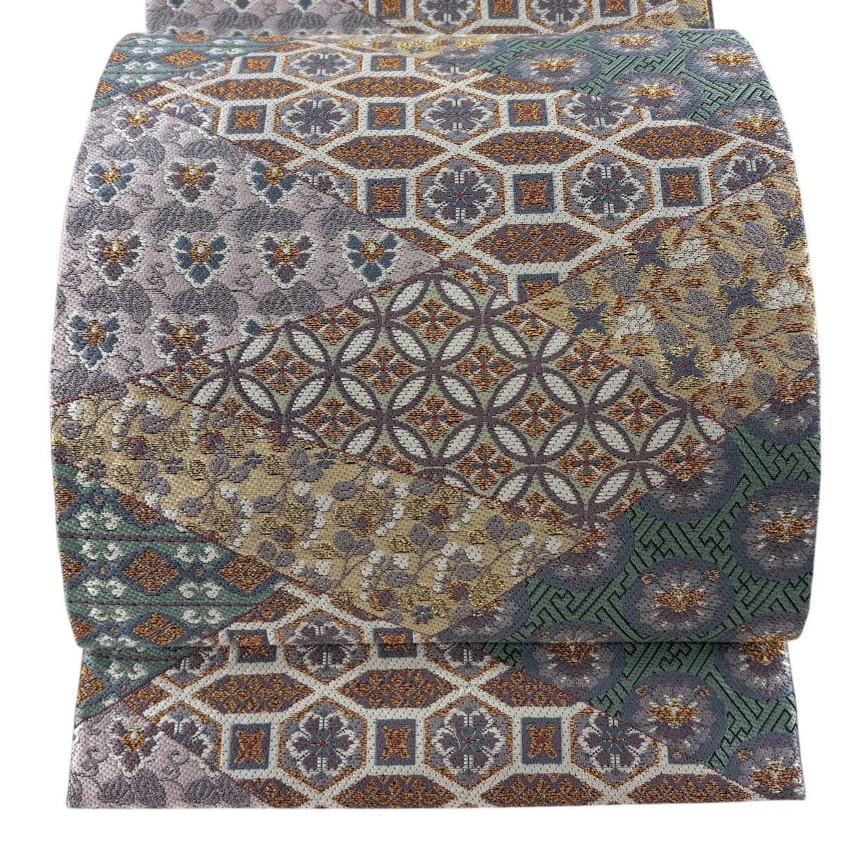 【美品】 袋帯 逸品 七宝 草花 箔 薄紫 六通 正絹 【中古】