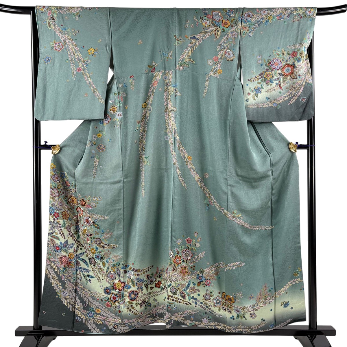 訪問着 身丈156cm 裄丈66cm M 袷 草花 地紋 ぼかし 灰緑 正絹 名品 【中古】