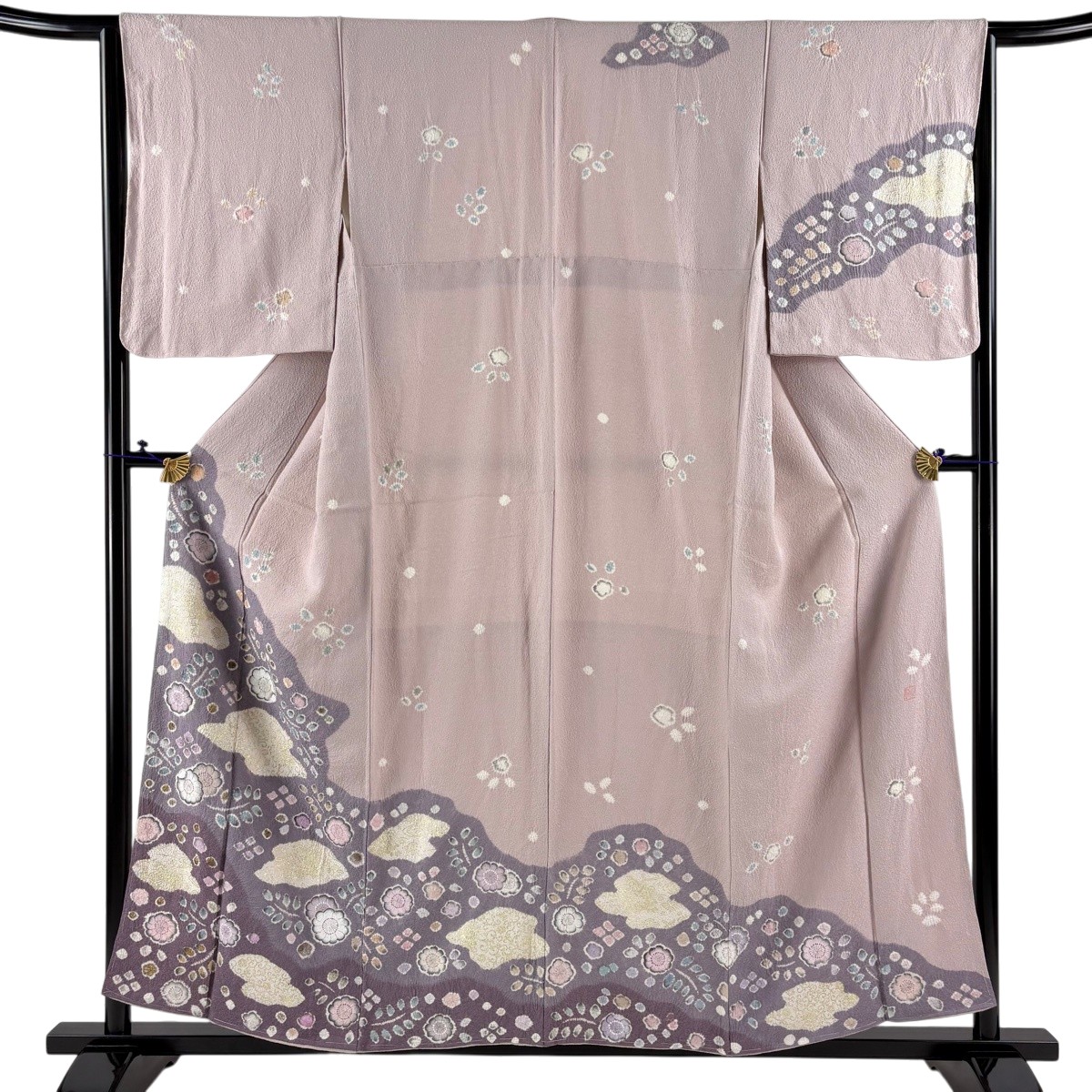 訪問着 身丈156.5cm 裄丈63.5cm S 袷 バチ衿 落款あり 辻が花 雲文 金彩 染め分け 薄紫 正絹 名品 【中古】