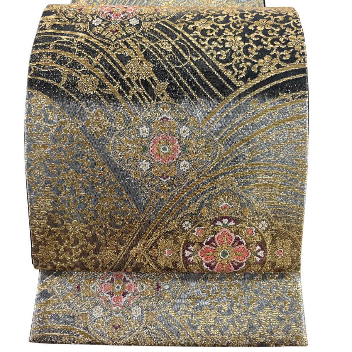 【美品】 袋帯 秀品 華文 波 金糸 箔 銀色 六通 正絹 【中古】