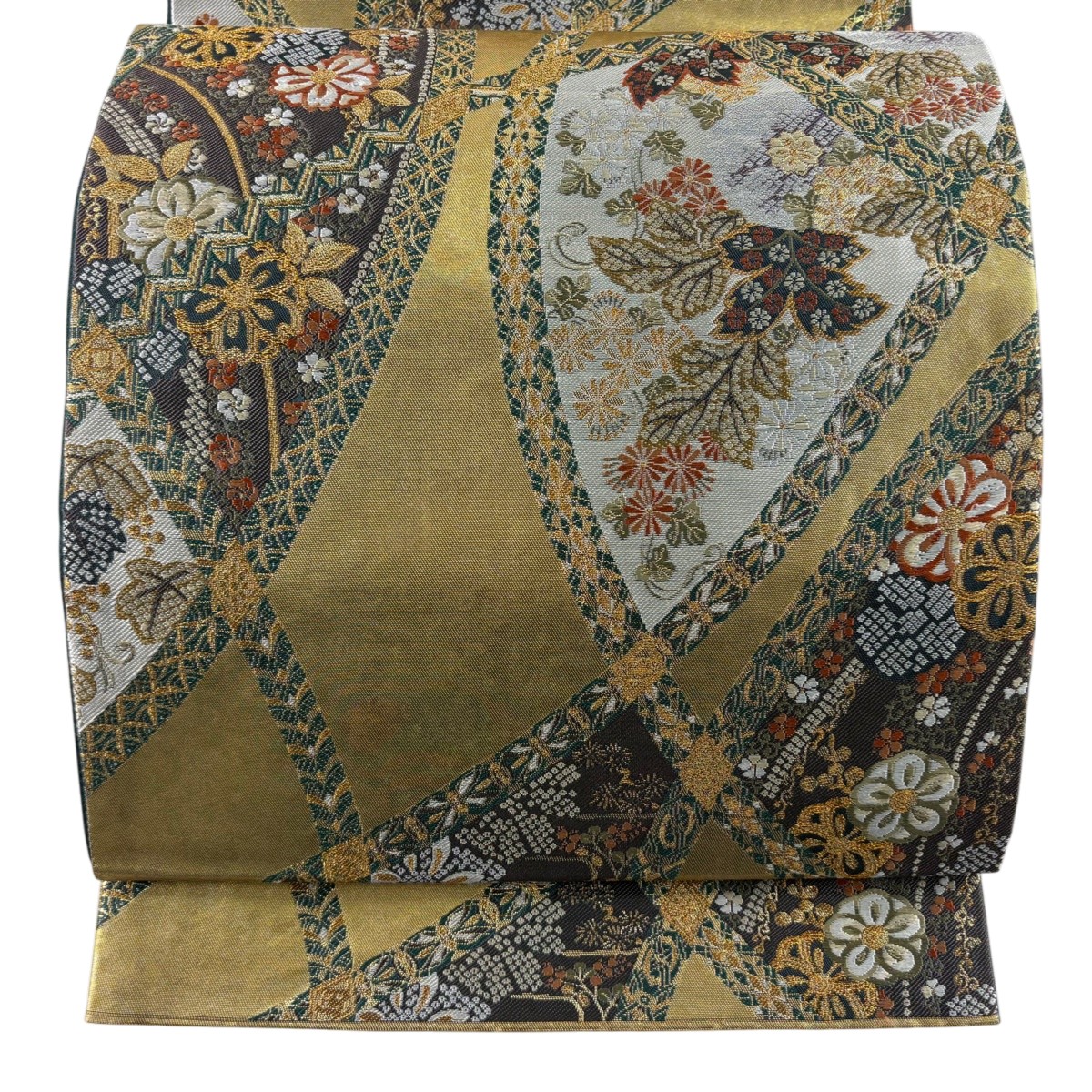【美品】 袋帯 秀品 金彩花集文様 関西仕立て 桜 金糸 箔 金色 六通 正絹 【中古】